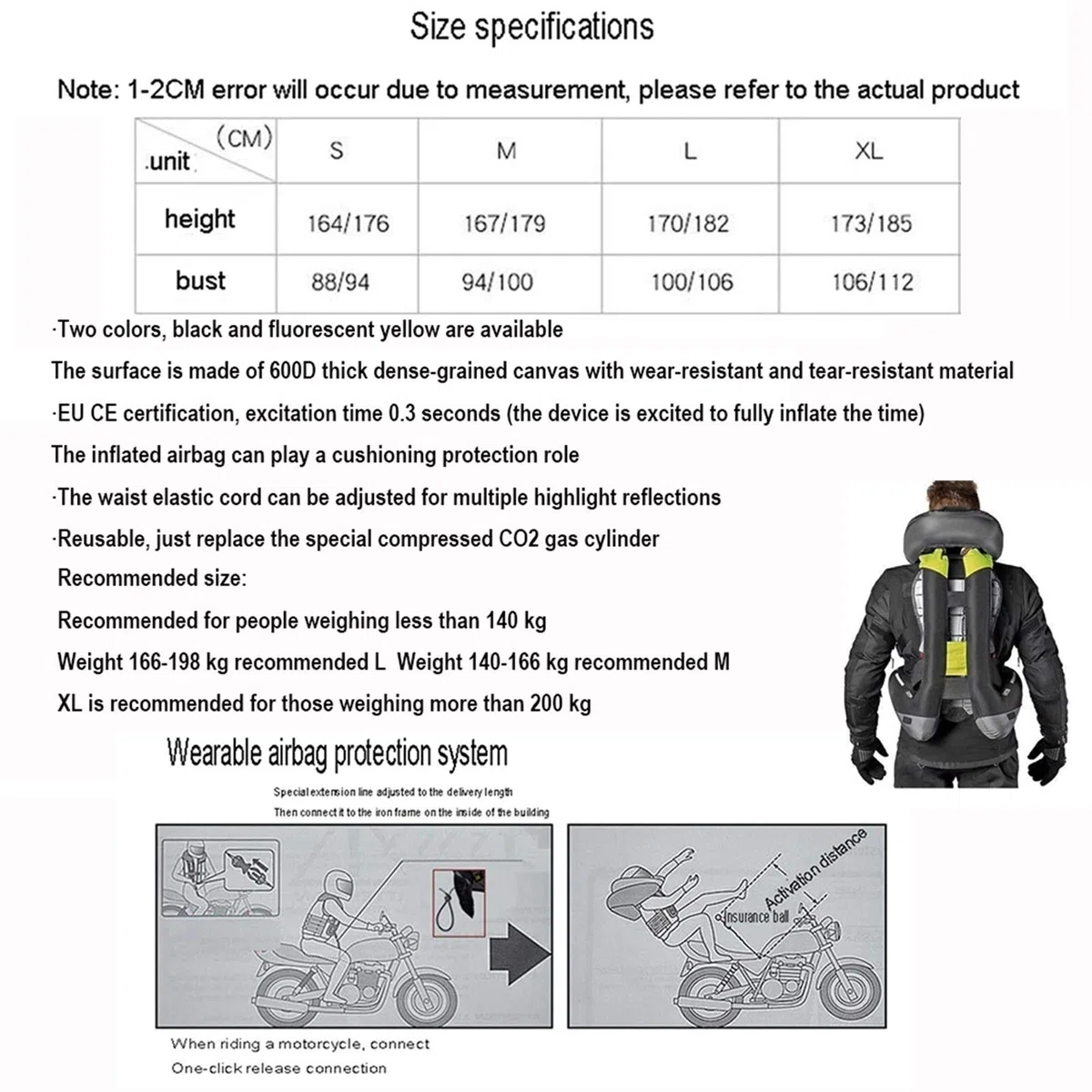 Chaleco de airbag para motocicleta de 0,3 segundos para disparar el airbag, con protección de espalda, cuello, pecho, apto para montar al aire libre, equipo de seguridad