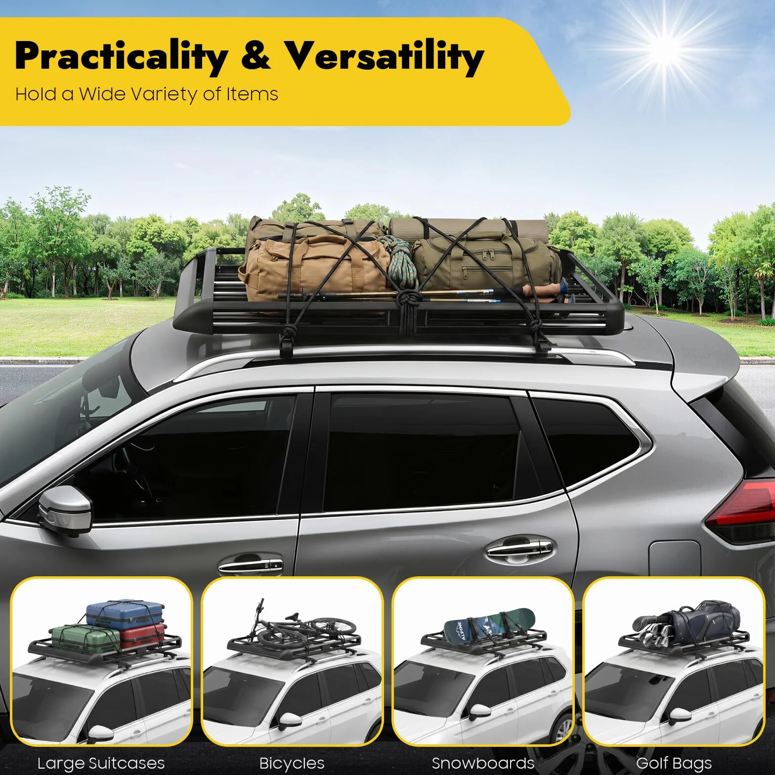 Portaequipajes de techo SUV negro 160 Cm, galería de techo universal rieles incorporados acero aluminio, barra transversal de techo carga 150 kg ajustable, para coche SUV camioneta
